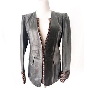 Black Leather & Leopard Fur Blazer Jacket , SIZE 6 B